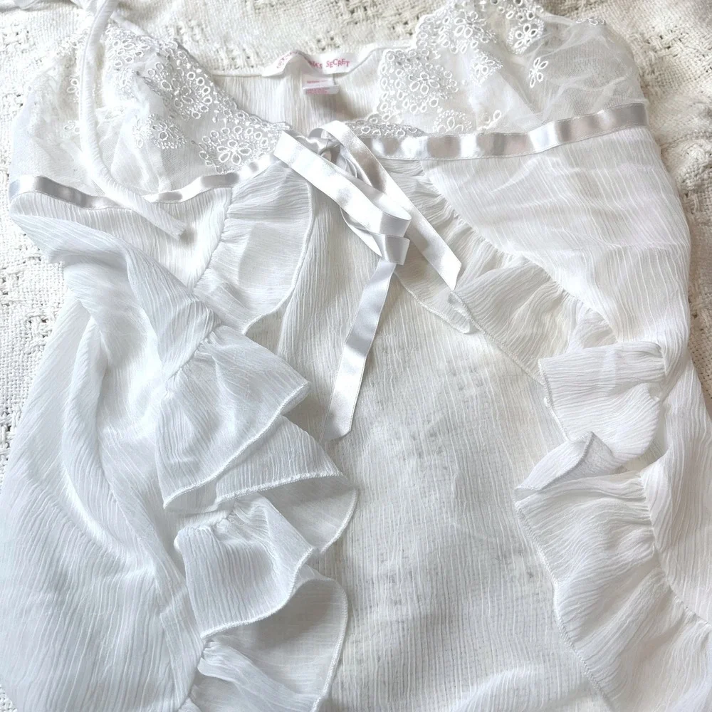 Victoria's Secret Y2K Boho Sheer White Lace Ruffle Babydoll Chemise‎ Cami Medium